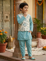 Boys Sea Green Kurta Set with Embroidered Floral Nehru Jacket