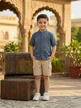 Boys Blue Mandarin Collar Cotton Shirt and Khaki Cargo Shorts Co-ord Set