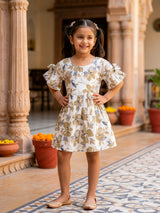 Cream Floral Cold-Shoulder Frock for Girls