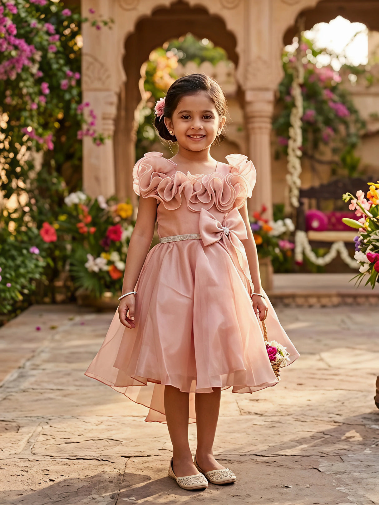 Elegant Brown Ruffle Party Frock for Girls