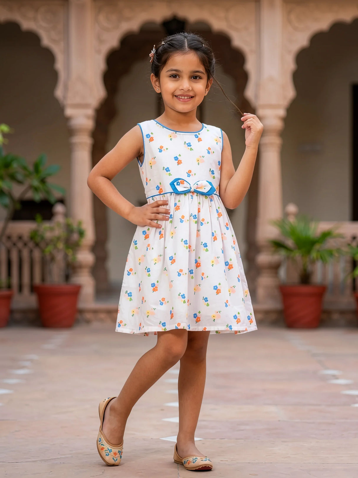 Girls Blue Floral Print Cotton Frock
