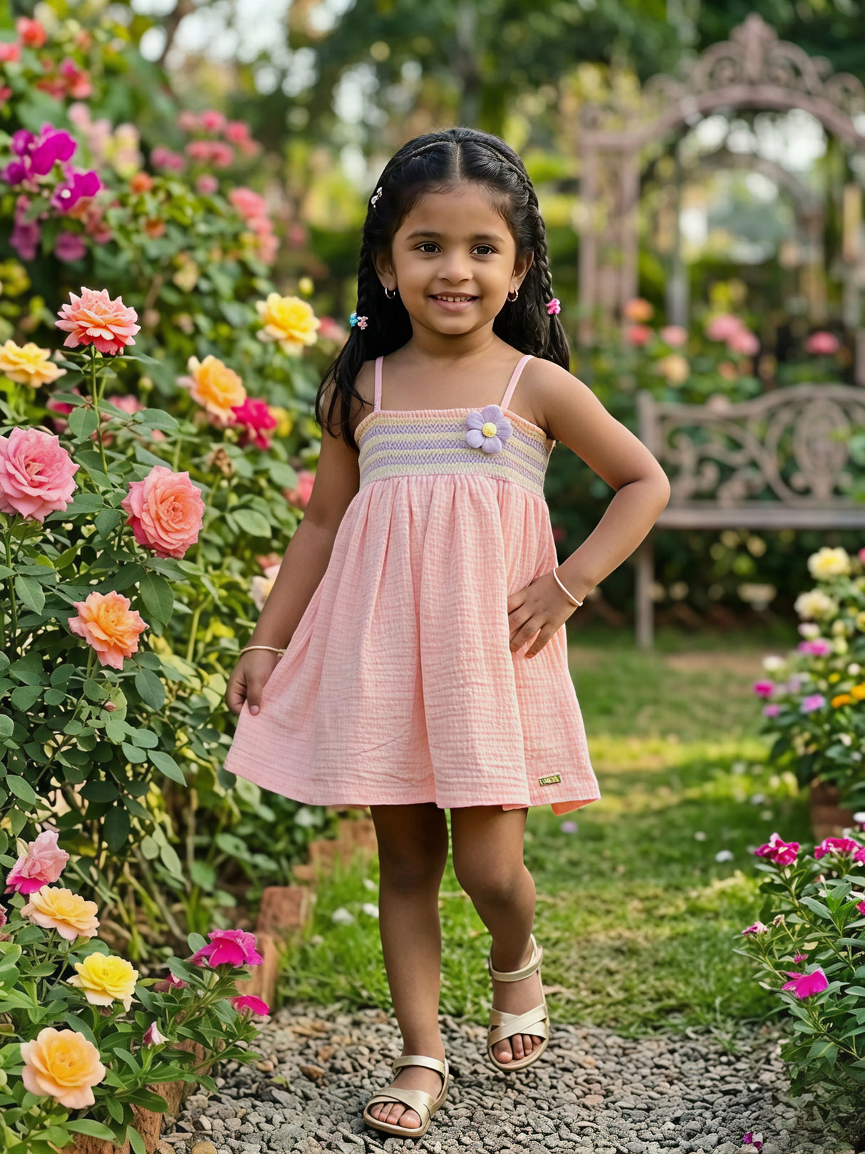 Smocked Peach Cotton Frock with Purple Floral Accent
