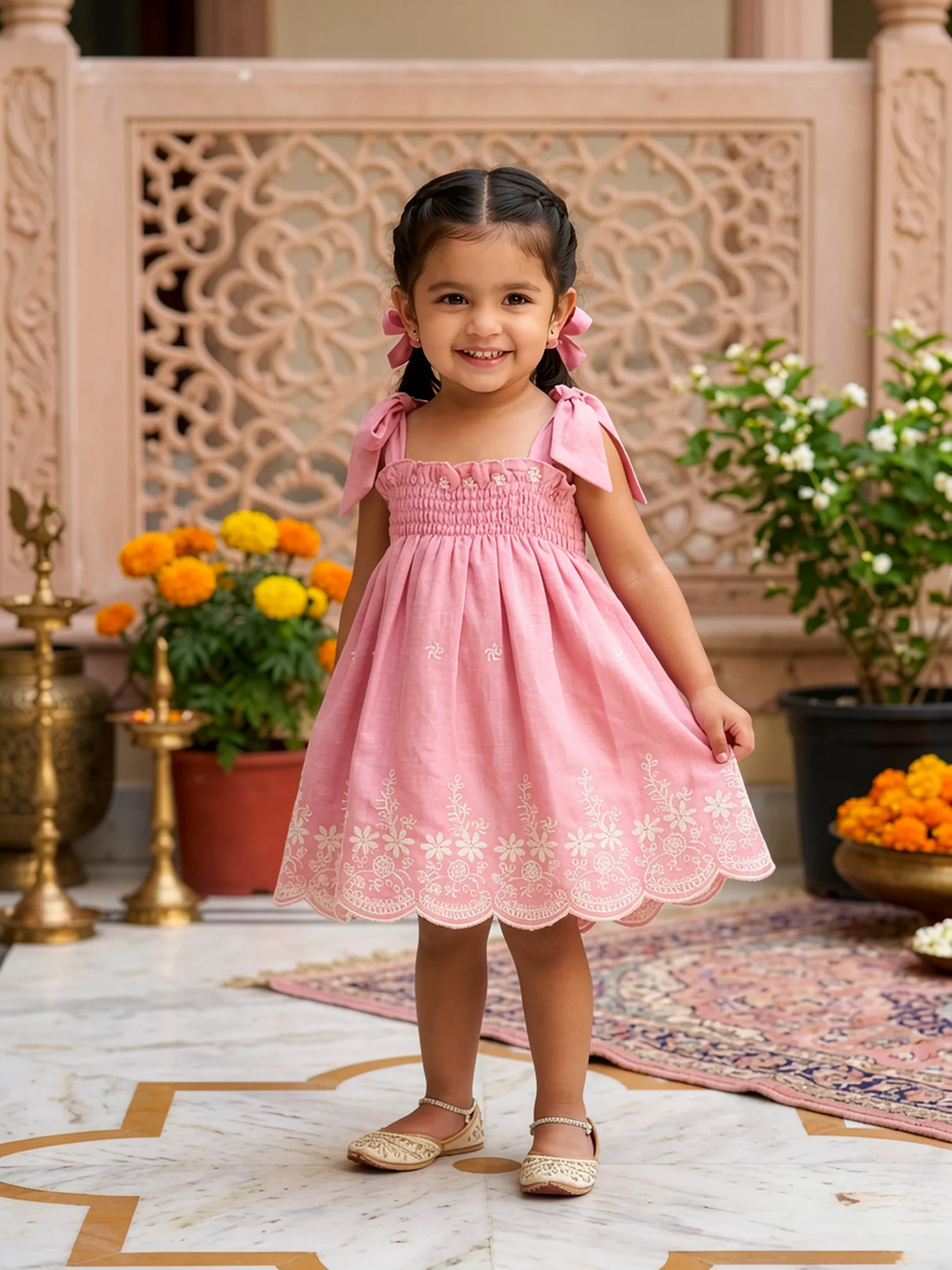 Peach Embroidered Cotton Frock