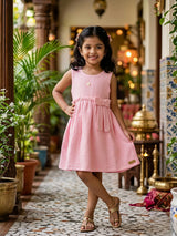 Girls' Pastel Pink Textured Cotton Frock with Bow Detail