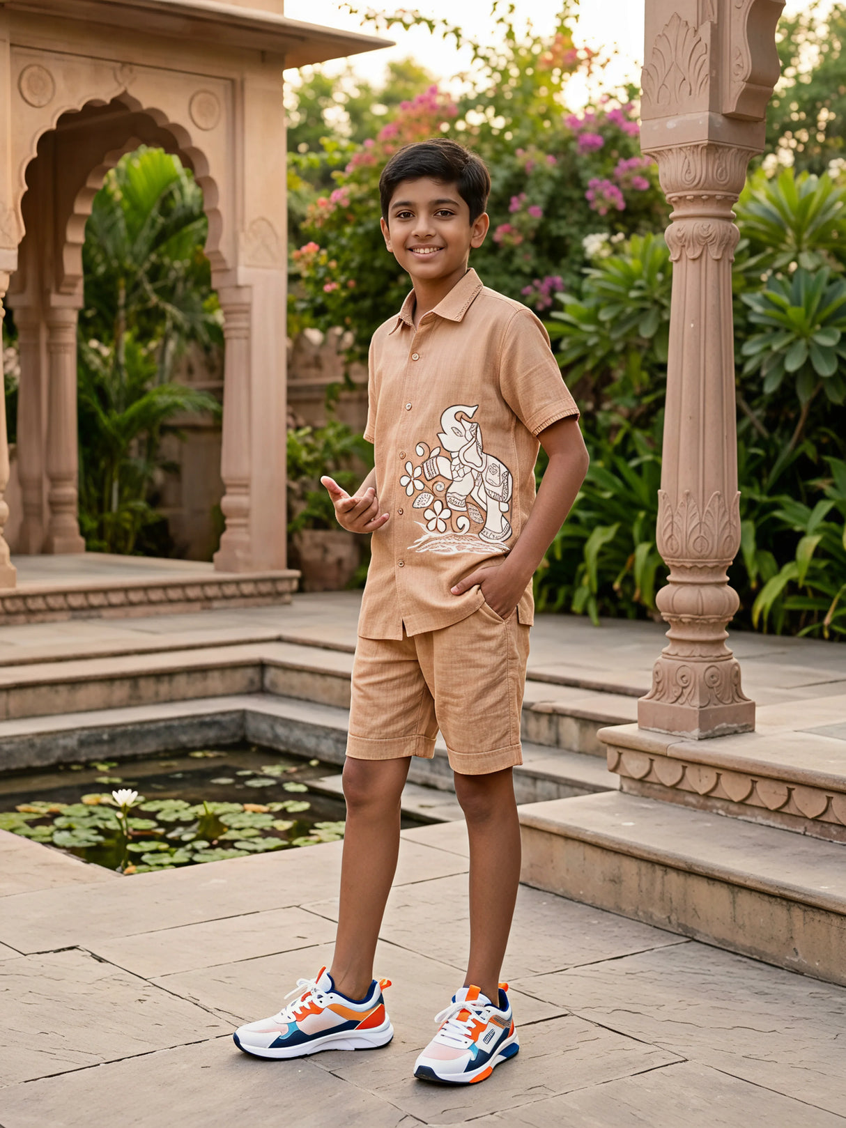 Boys Brown Blazo Elephant Print Cotton Co-ord Set.