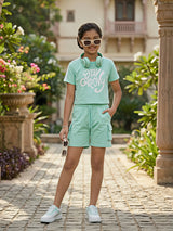 Girls' Mint Green "Stay Groovy" Crop Top and Cargo Shorts Co-ord Set