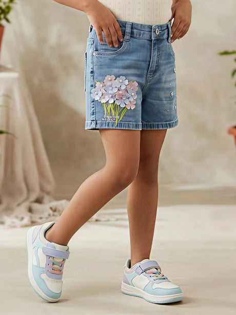 Girls' Floral Appliqué Denim Shorts - Blue