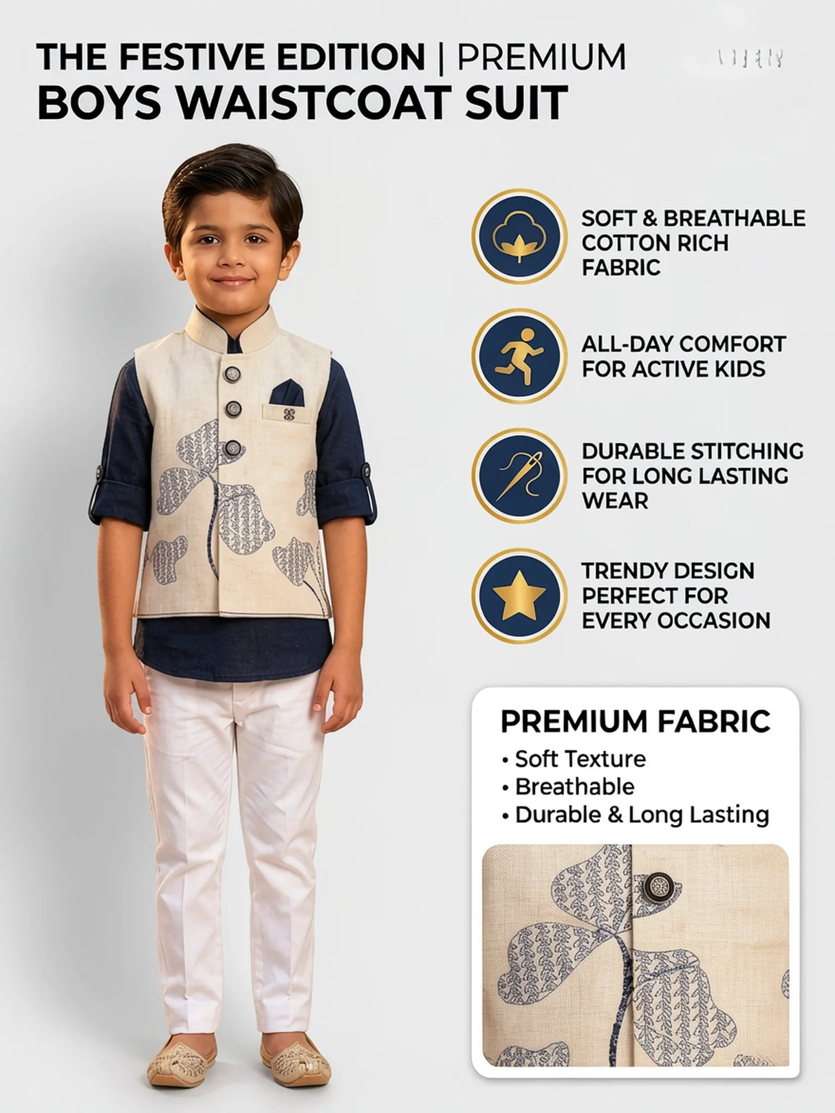 Boys Navy Blue Ethnic Shirts Set with Printed Nehru Jacket