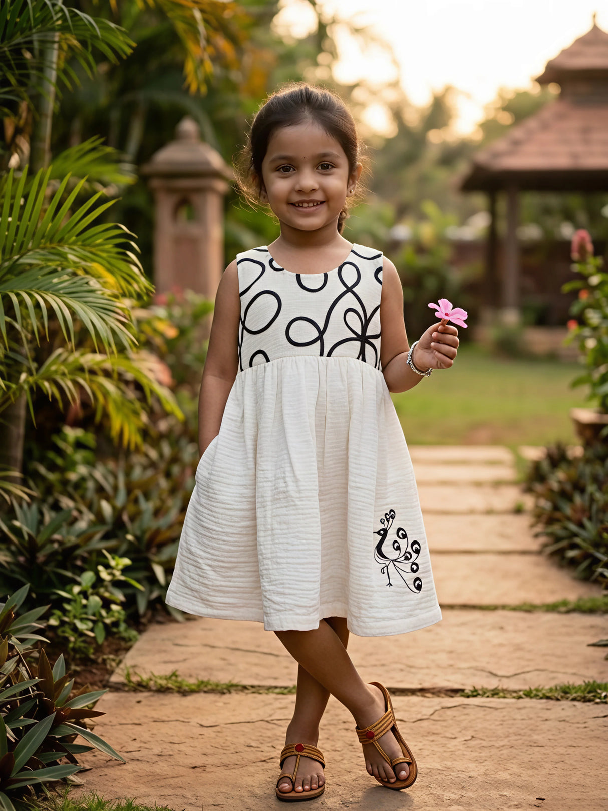 Girls' Elegant White Cotton Frock with Peacock Embroidery