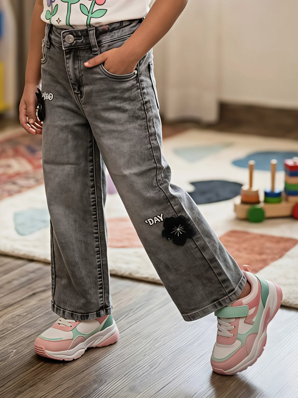 Girls' Charcoal Black Wide-Leg Denim Jeans with Floral Accents
