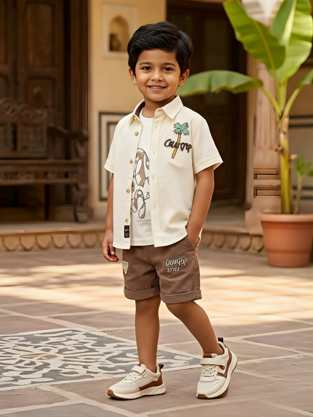 Boys Cream Palm Tree Graphic Shirt & Shorts Co-ord Set