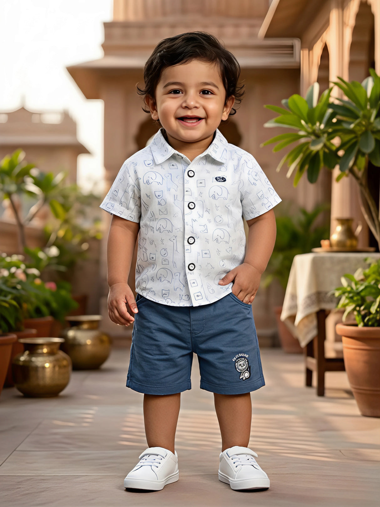Boys Blue Safari Print Cotton Shirt and Shorts Co-ord Set