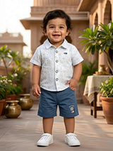 Boys Blue Safari Print Cotton Shirt and Shorts Co-ord Set