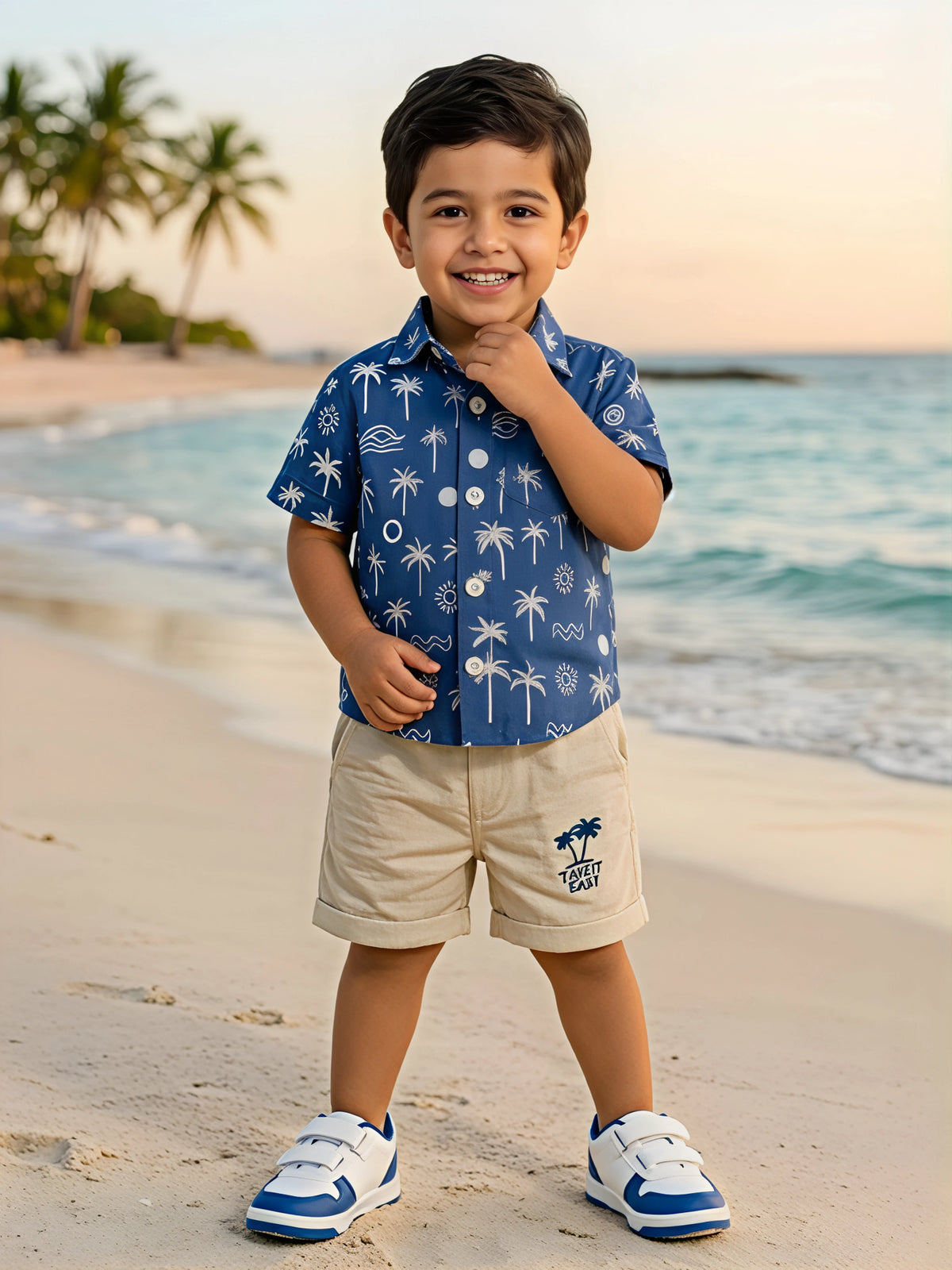 Boys Blue Tropical Palm Print Shirt and Shorts Coordinate Set