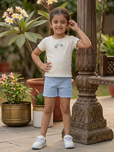 Girls' Ribbed Cotton Cream & Sky Blue Cherry Coordinate Set