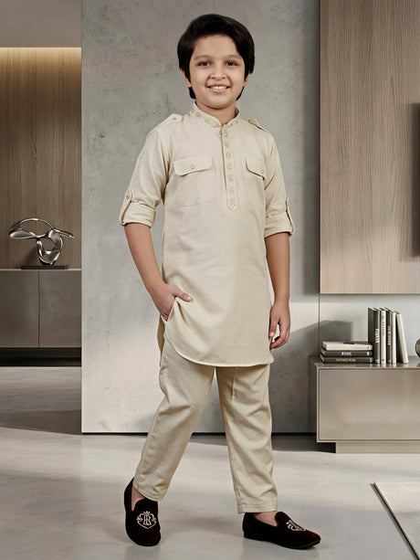 Boys Cream Textured Pathani Kurta Set with Pocket Details