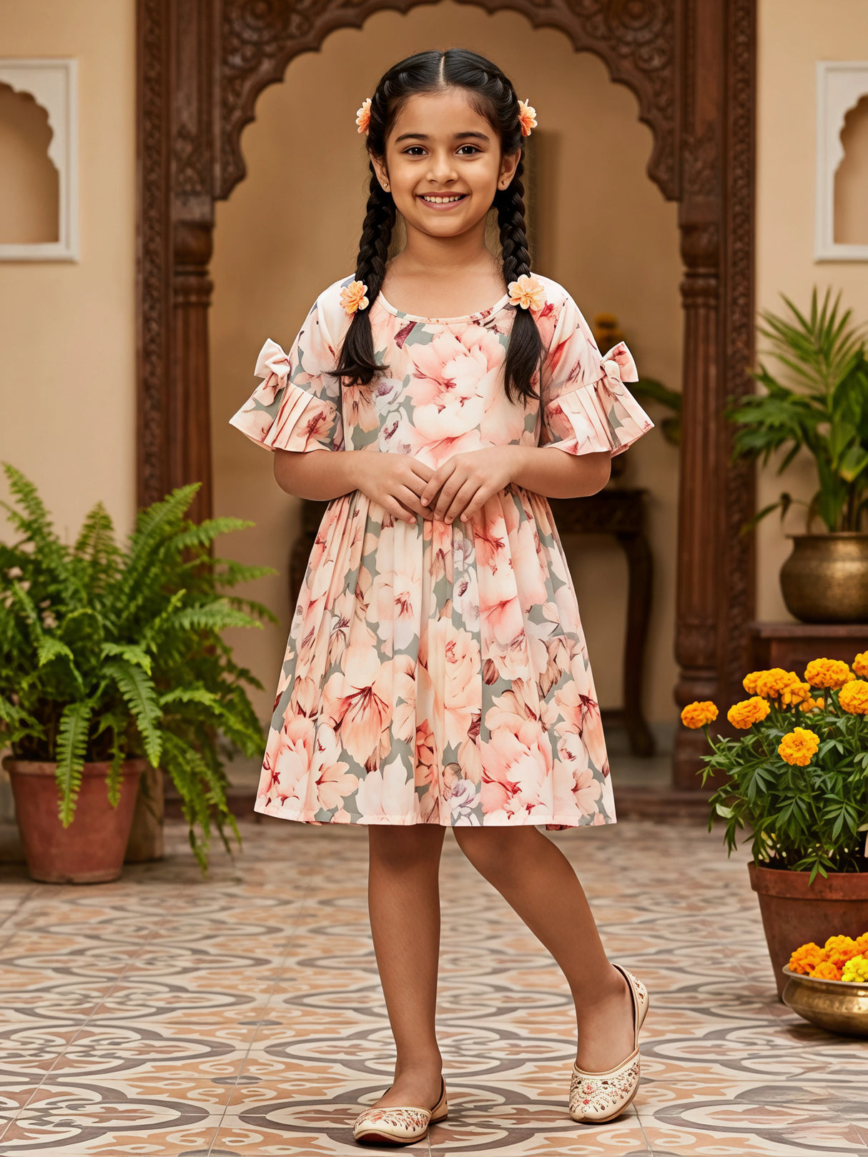 Girls Peach Floral Print Cold-Shoulder A-Line Frock