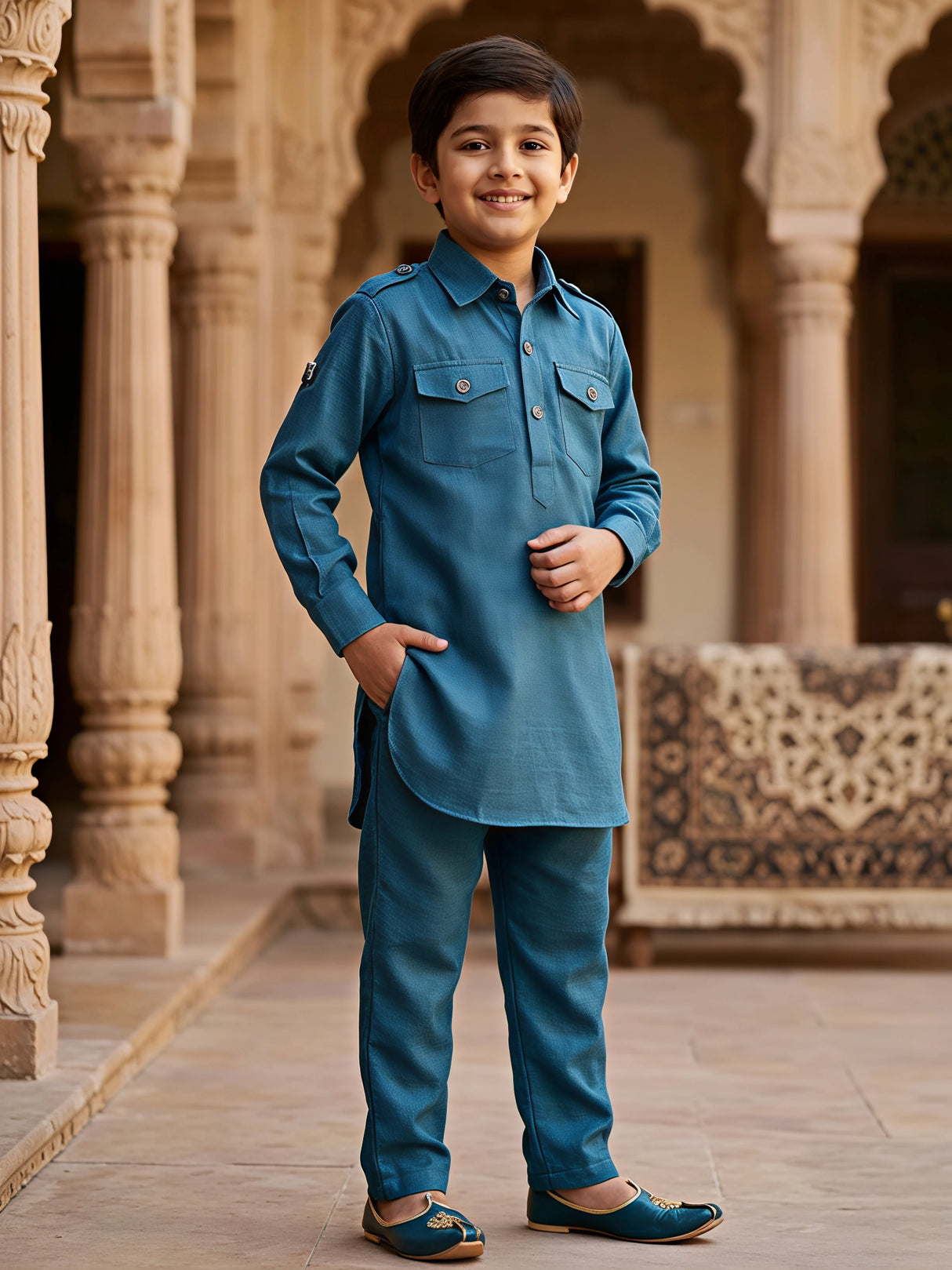Boys Emerald Green Pathani Kurta Set with Pocket Details