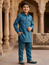 Boys Emerald Green Pathani Kurta Set with Pocket Details