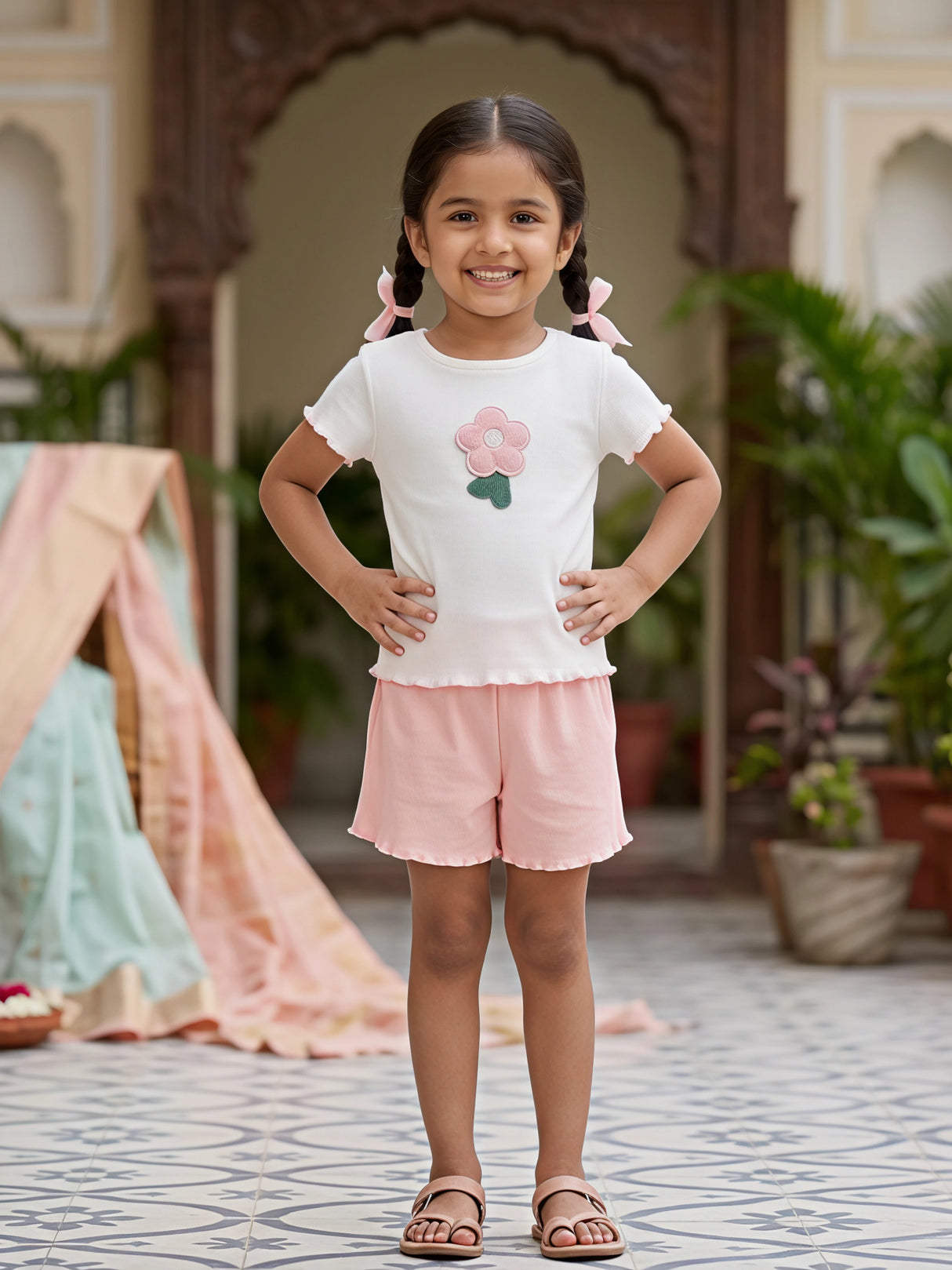 Girls' Peach Flower Cotton Coordinate Set