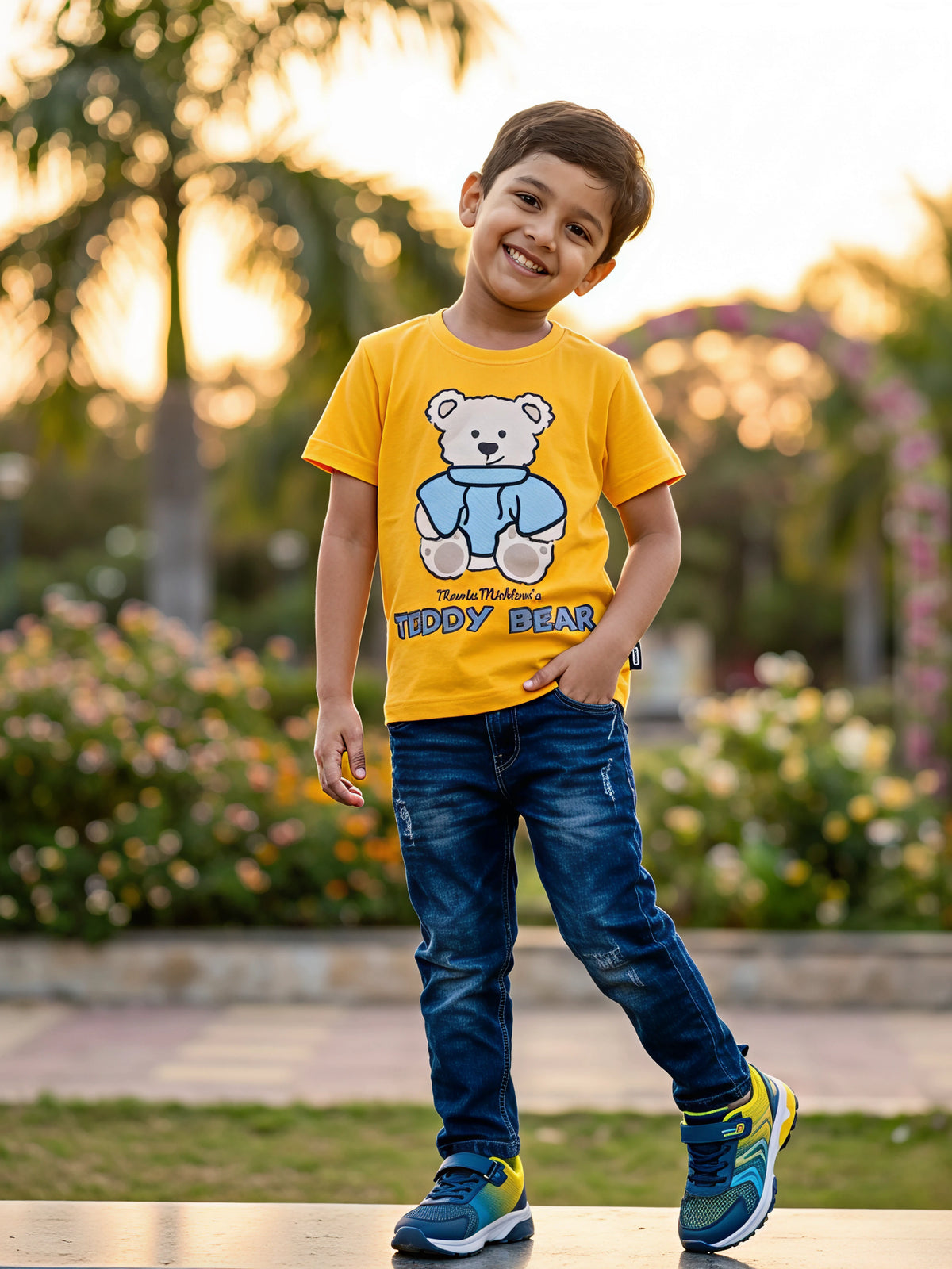 Boys Vibrant Yellow Teddy Bear Graphic Cotton T-Shirt