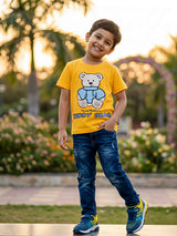 Boys Vibrant Yellow Teddy Bear Graphic Cotton T-Shirt