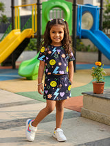 Girls Navy Blue Graphic Print T-Shirt and Skirt Co-ord Set
