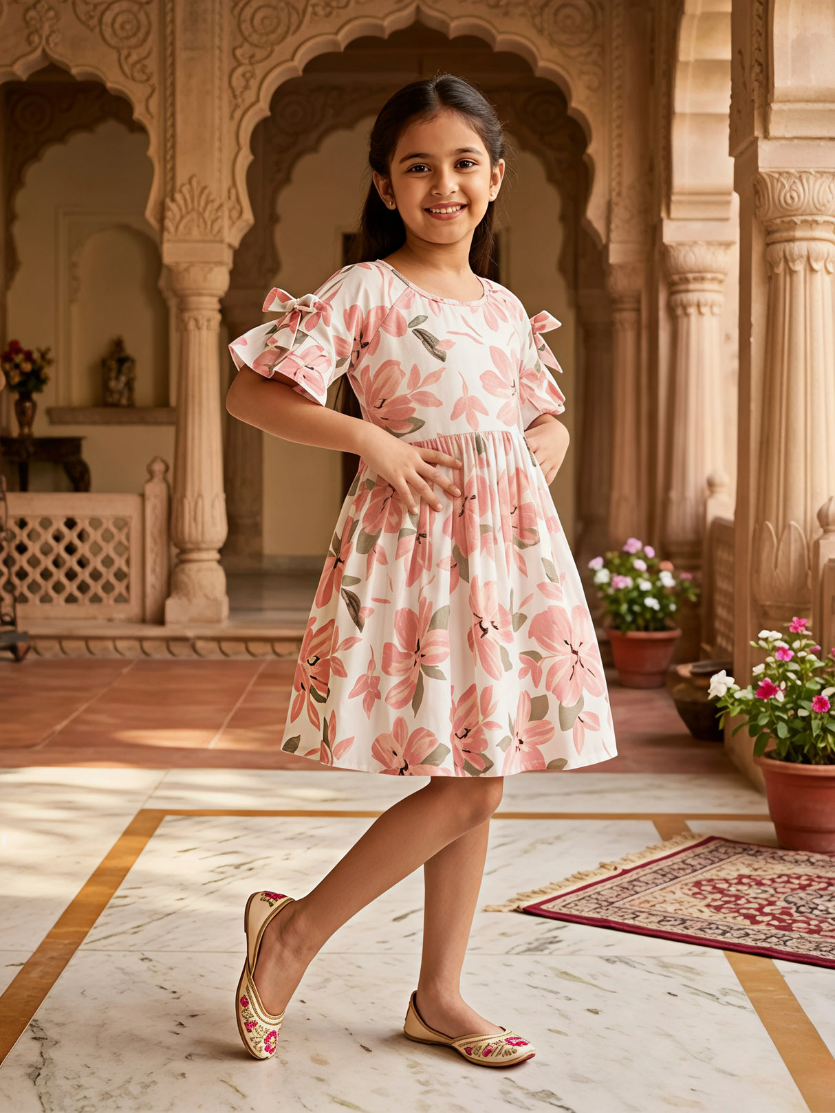 Girls Peach Floral Print Cotton Frock with Bow Sleeves