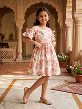 Girls Peach Floral Print Cotton Frock with Bow Sleeves