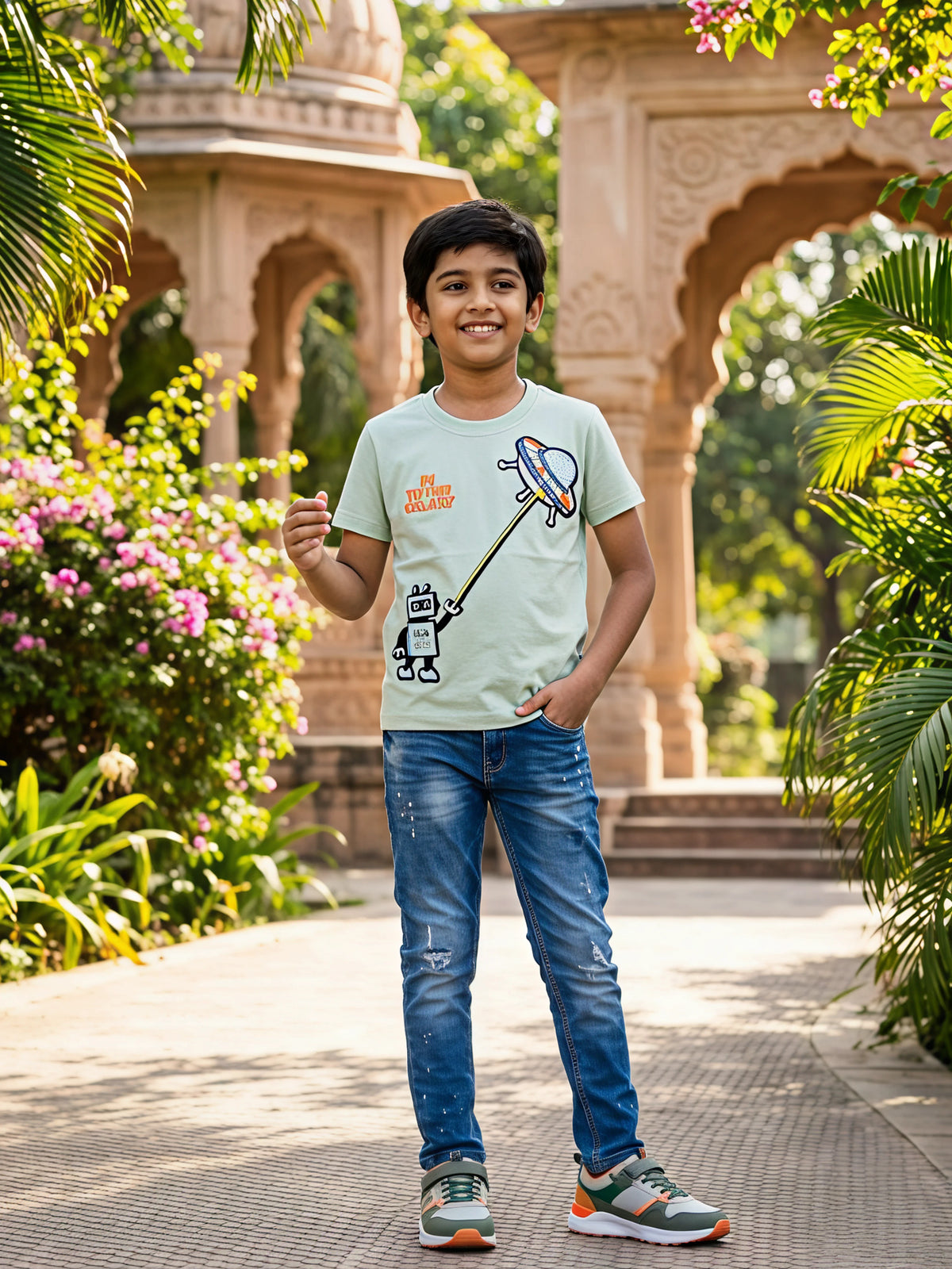 Boys Green Robot Graphic T-Shirt