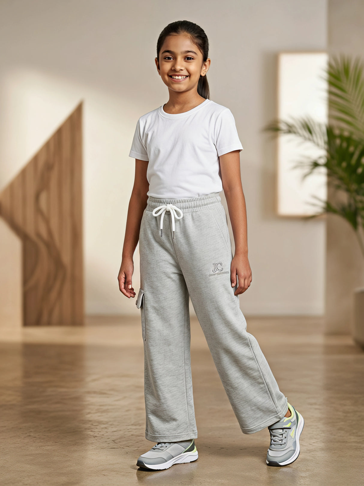 Girls' Dark Grey Wide-Leg Cargo Trackpants