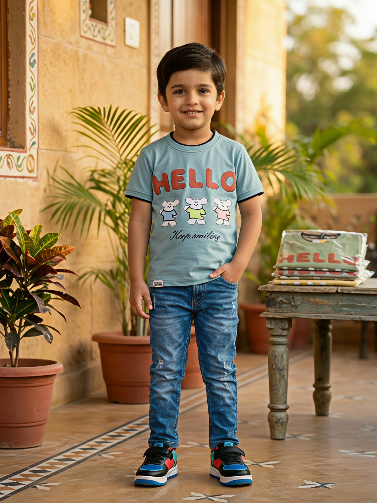 Boys Blue "HELLO" Graphic Print Cotton T-Shirt