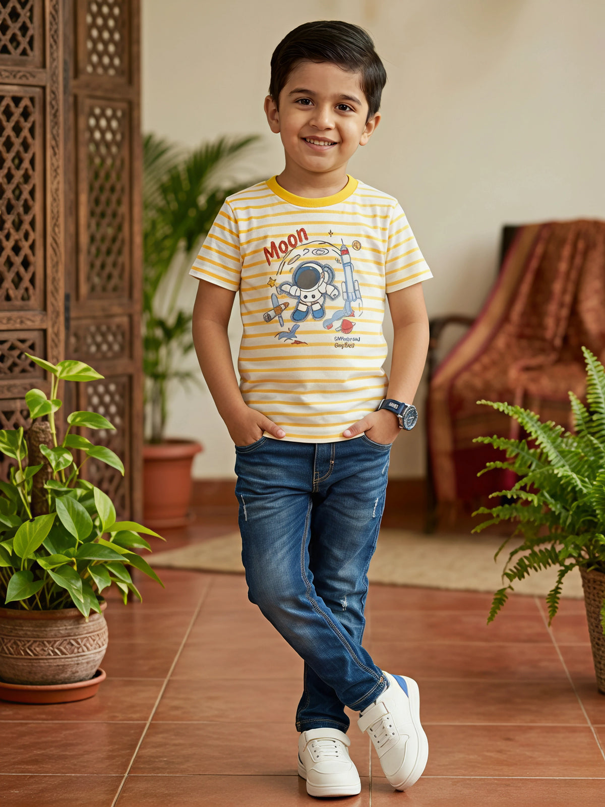 Boys Yellow Striped Astronaut Moon Graphic T-Shirt