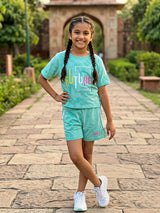 Girls Green "FUTURE" Printed Cotton Blend T-Shirt and Shorts Co-ord Set