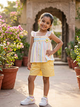 Girls Pastel Striped Ruffle Top and Yellow Cargo Shorts Coordinate Set