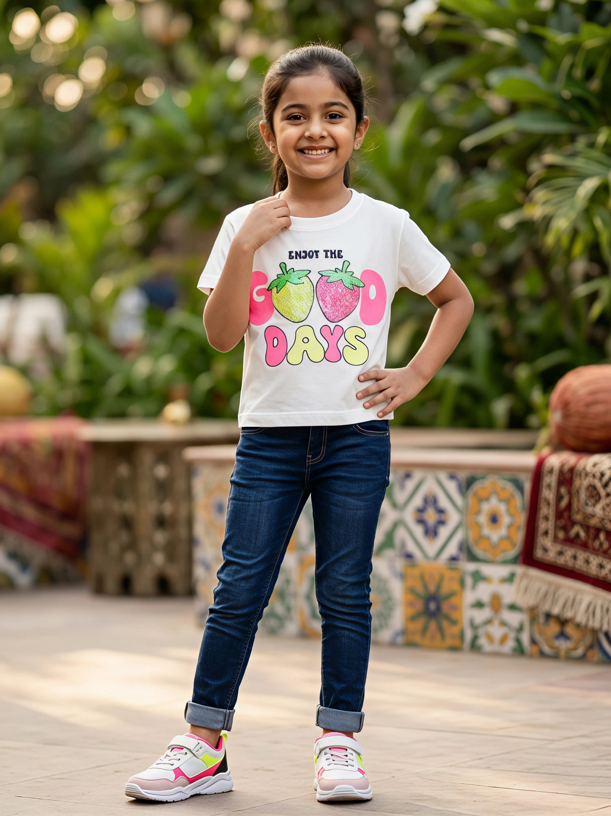 Girls' White "Enjoy The Good Days" Sequin Strawberry Graphic Top