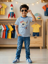 Boys Blue Striped Moon Astronaut Graphic T-Shirt