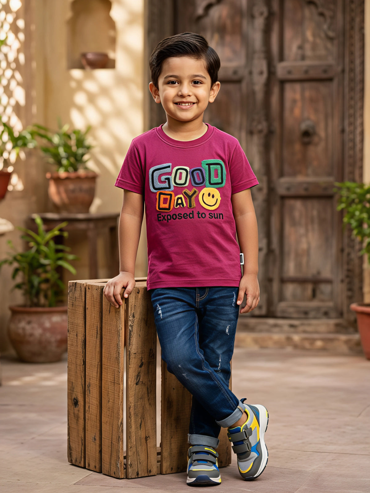 Boys Maroon "Good Day" Graphic Cotton T-Shirt