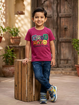 Boys Maroon "Good Day" Graphic Cotton T-Shirt