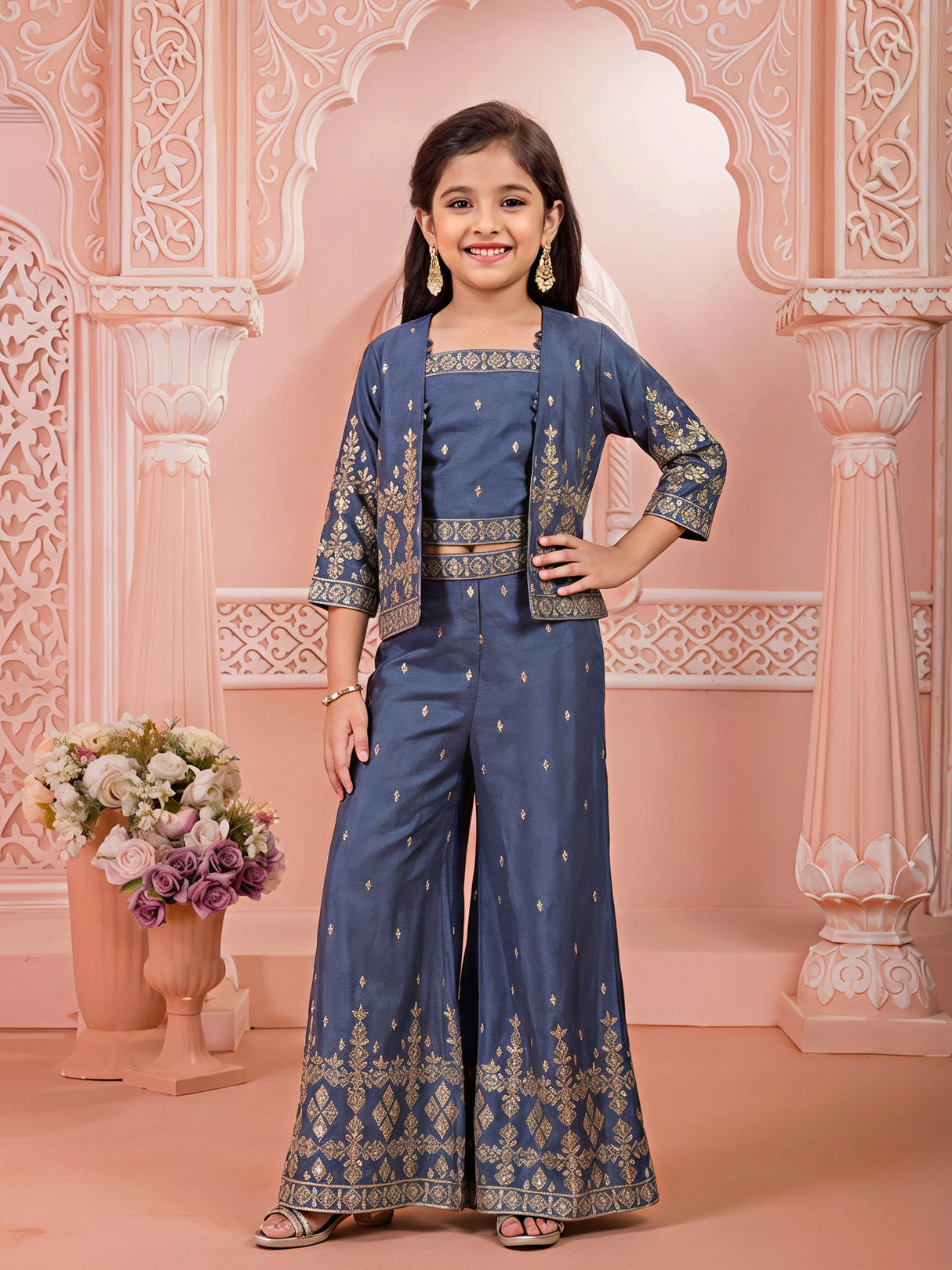Girls' Deep Teal (Grey) Embroidered Crop Top, Palazzo & Jacket Set