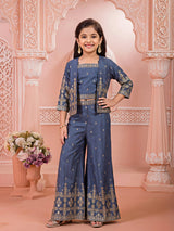 Girls' Deep Teal (Grey) Embroidered Crop Top, Palazzo & Jacket Set