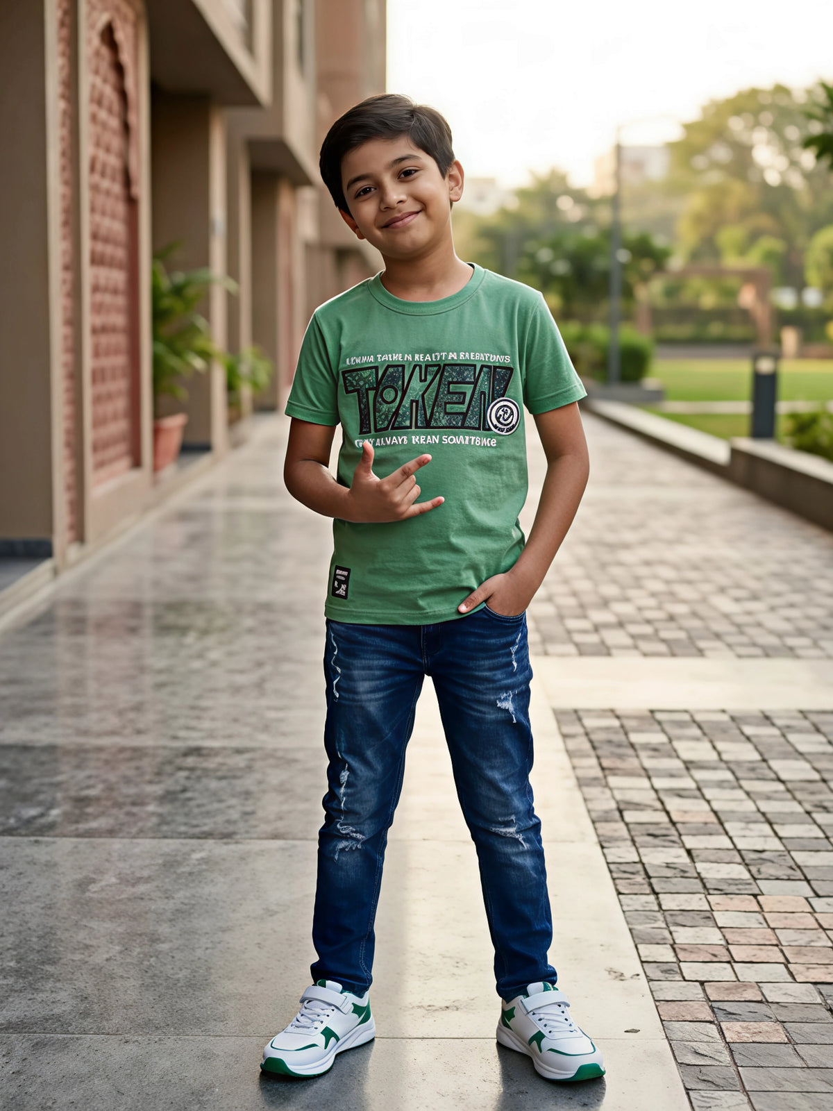 Boys Graphic Print Sage Green Cotton T-Shirt