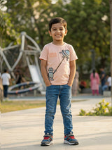 Boys Peach Robot & UFO Graphic Cotton T-Shirt