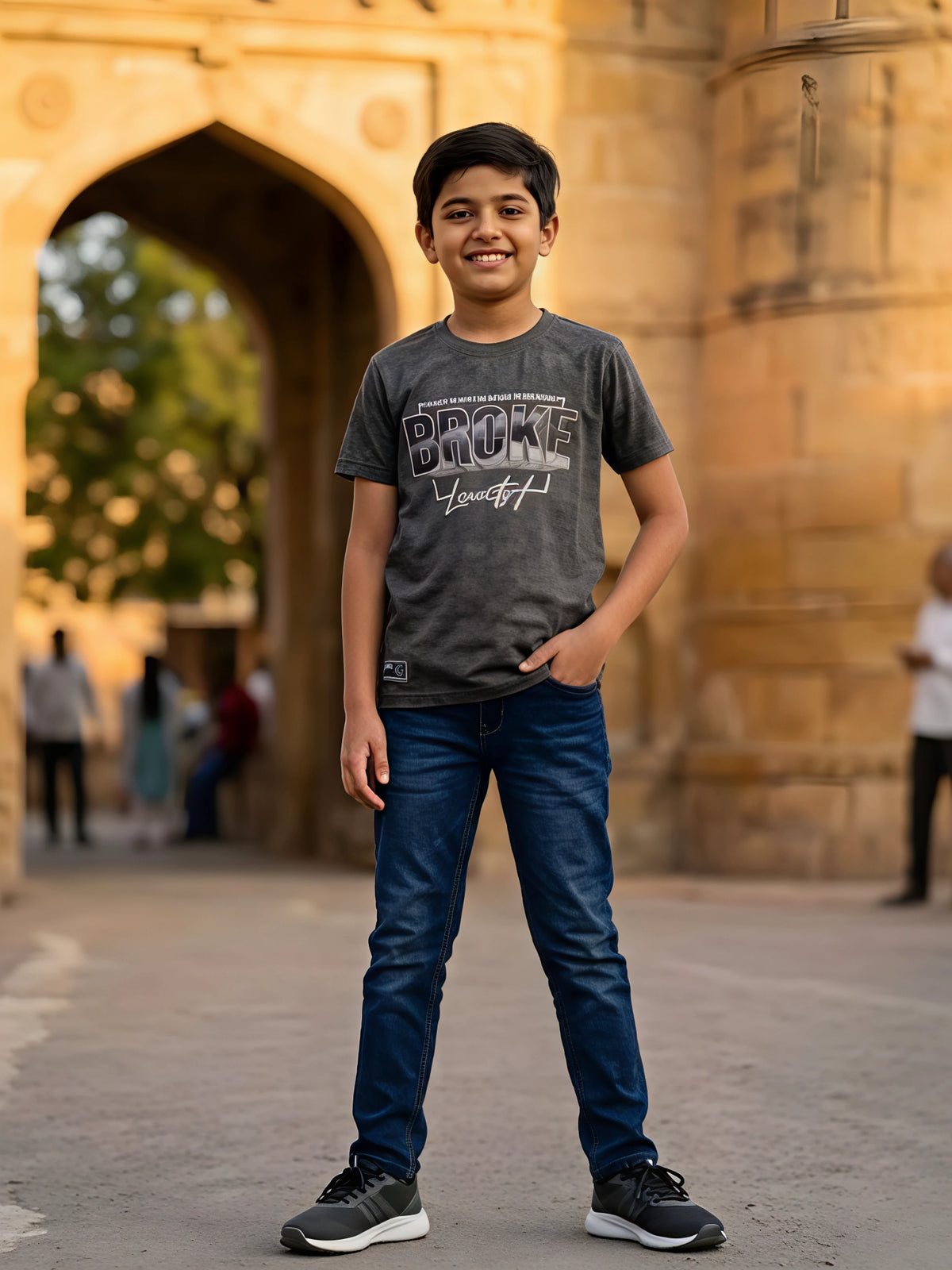 Boys Dark Grey Graphic Print Cotton T-Shirt