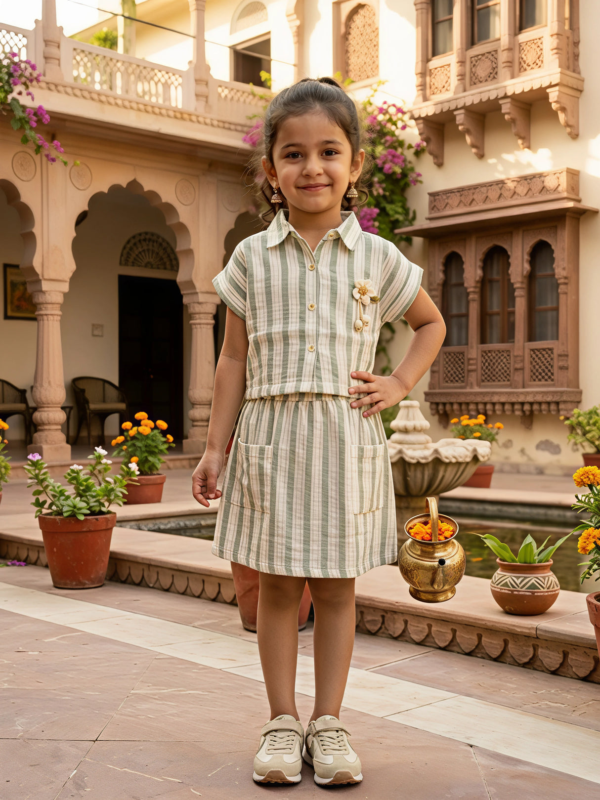 Girls Sage Green Striped Cotton Co-ord Set