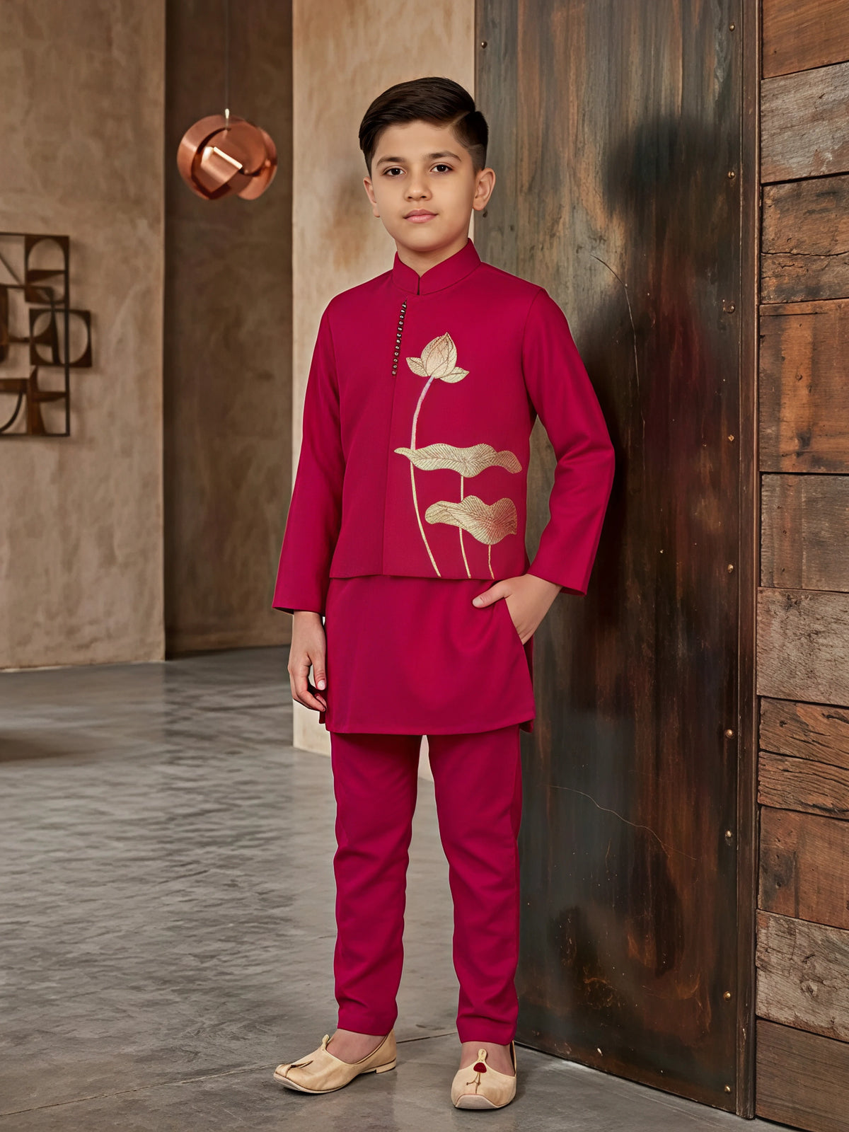Boys Rani Pink Lotus Embroidered Kurta & Nehru Jacket Set