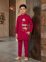 Boys Rani Pink Lotus Embroidered Kurta & Nehru Jacket Set