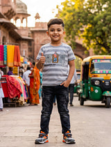 Boys' Casual Grey Striped Graphic T-Shirt