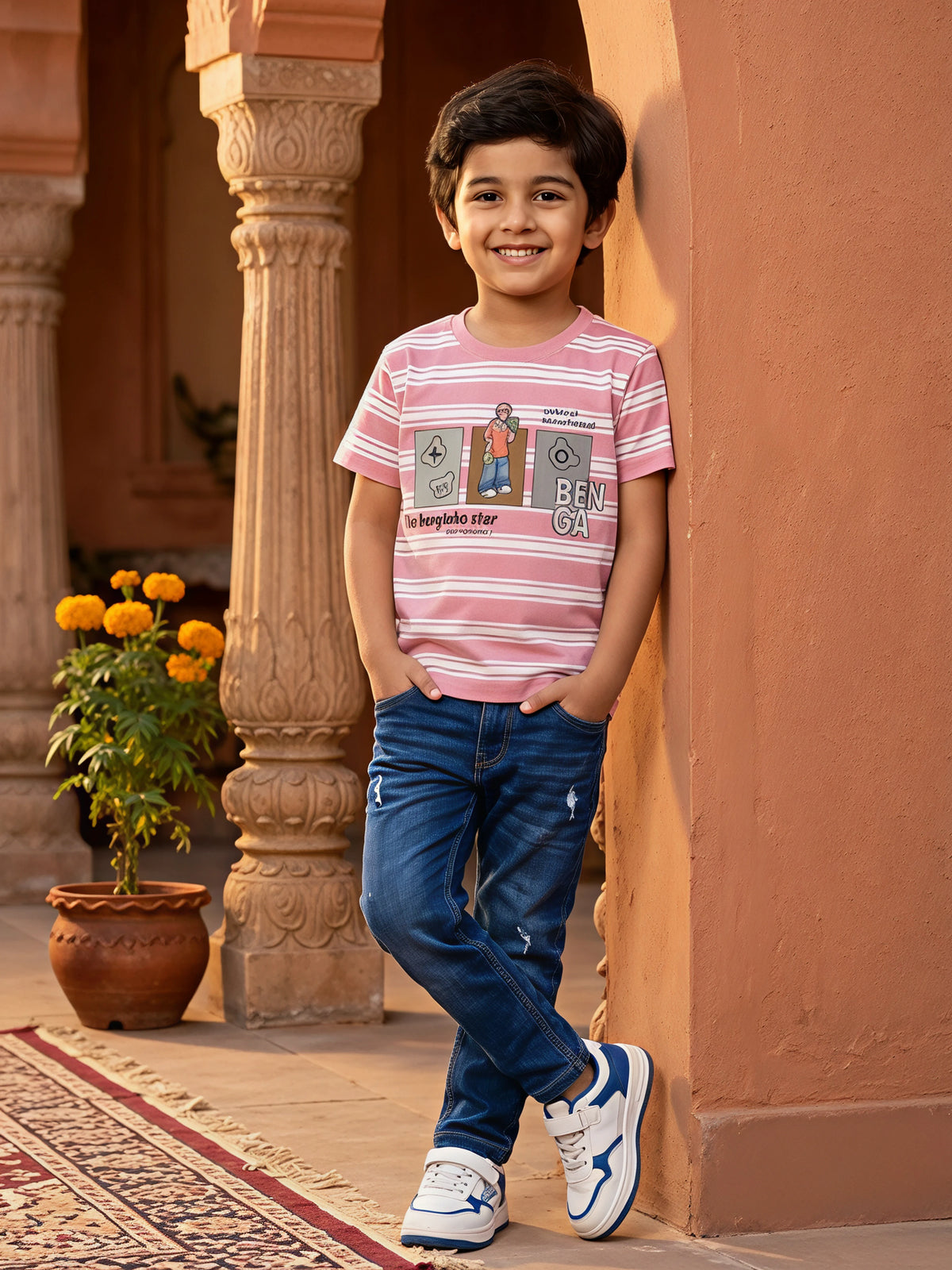 Boys' Pink Striped Graphic Print Cotton Casual T-Shirt