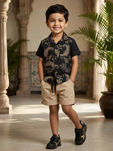 Boys Black Floral Print Cuban Collar Shirt and Beige Shorts Co-ord Set
